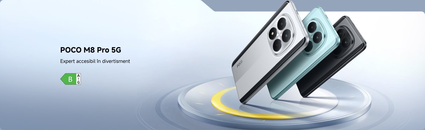Imaginea de promovare a telefonului POCO M8 Pro 5G arată telefonul în trei culori, cu un fundal cu modele circulare. Textul menționează „Expert accesibil în divertisment” și „Ofertă exclusivă: 200 Lei reducere”.