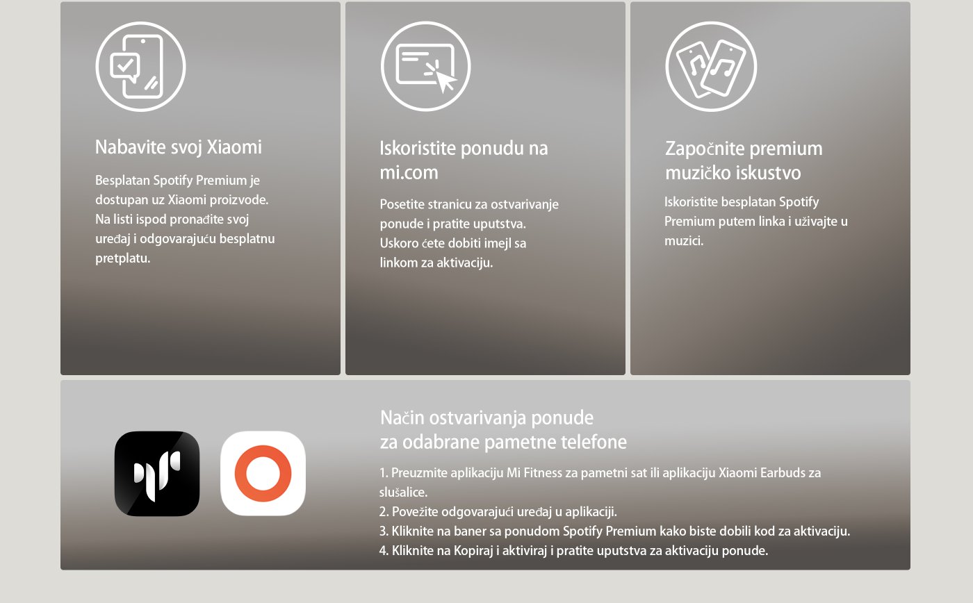 Besplatna Spotify Premium usluga je dostupna uz kupovinu Xiaomi uređaja. Pratite uputstva na mi.com za ostvarivanje ponude. Takođe, preuzmite Mi Fitness aplikaciju za povezivanje sa pametnim uređajem i dobijanje koda za aktivaciju ponude.