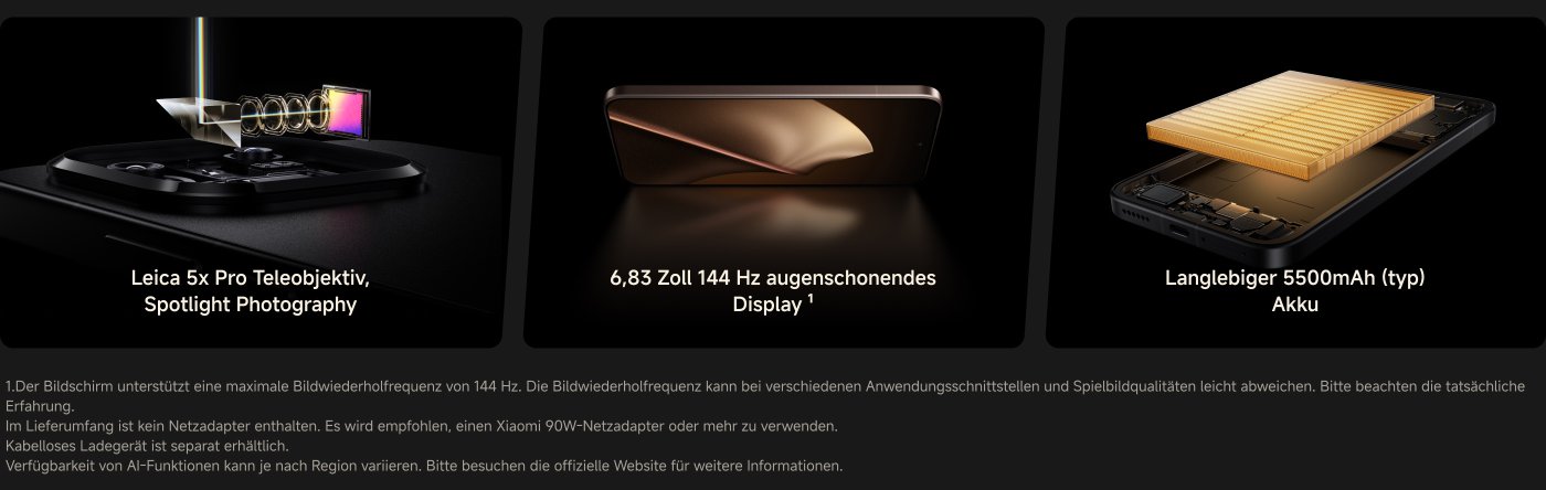 Das Bild zeigt die Merkmale eines Smartphones, darunter das Leica 5x Pro-Zoomobjektiv, ein 144-Hz-Augenschonendes Display und einen 5500-mAh-Akku. Der Beschreibungstext erwähnt, dass der Bildschirm eine 144-Hz-Bildwiederholrate unterstützt, empfiehlt die Verwendung des Xiaomi 90W-Netzteils und bietet Hinweise zu den KI-Funktionen.