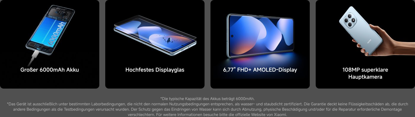 Das Bild zeigt das REDMI Note 15 Smartphone und präsentiert seine Spezifikationen und Preise. Zu den Hauptmerkmalen gehören ein großer 6000mAh Akku, ein strapazierfähiges Display, IP64 Staub- und Wasserschutz, eine 108MP Hauptkamera, ein 6,77" FHD+ AMOLED Display und ein MediaTek Helio G100-Ultra Prozessor. Die Preise beginnen bei 199,90 €, mit Optionen für 6GB + 128GB, 8GB + 128GB und 8GB + 256GB Konfigurationen.